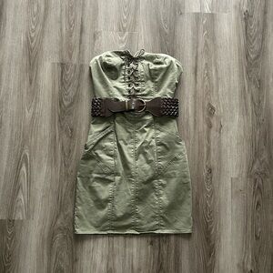 Guess Strapless Olive Green Mini Dress with Brown Belt